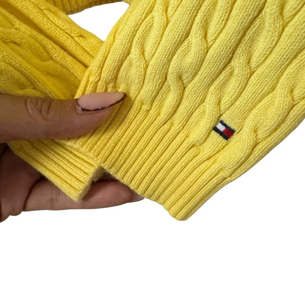 Vintage Tommy Hilfiger Cable Knit V Neck Sweater Yellow Cotton Preppy‎ Size LG